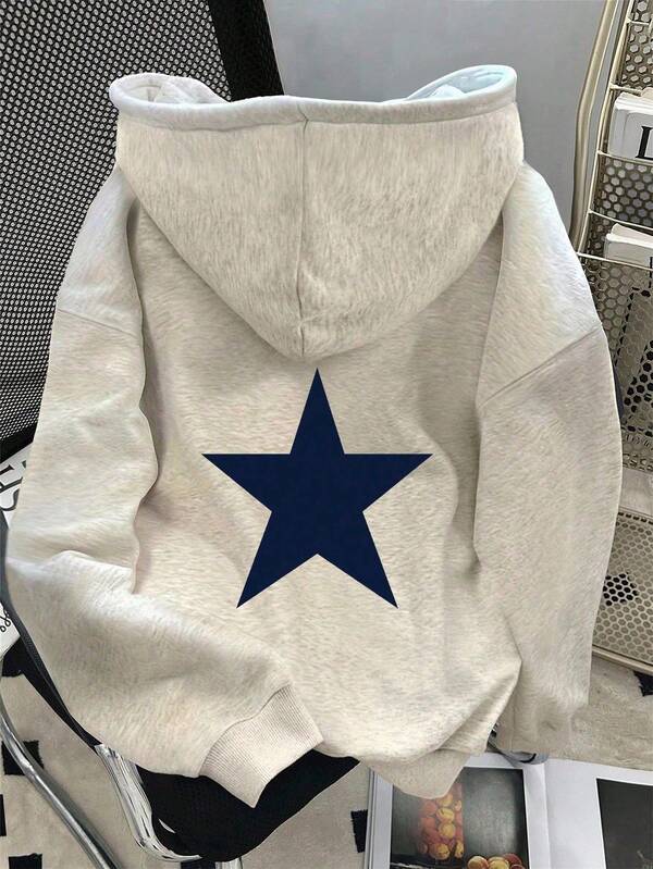 Sudadera con capucha para mujer estilo americano sencillo estampado de estrella, poliéster, corte holgado, gris, manga larga, otoño invierno, ideal para uso diario y streetwear