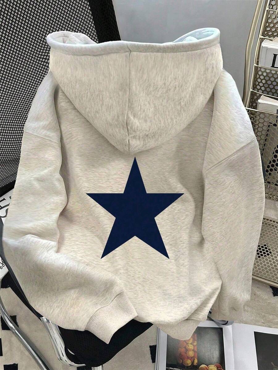 Sudadera con capucha para mujer estilo americano sencillo estampado de estrella, poliéster, corte holgado, gris, manga larga, otoño invierno, ideal para uso diario y streetwear - Gris - Ver 1