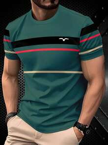 Men's Casual Summer T-Shirt, Green Base With Black And Red Stripes, Lightweight And Comfortable, Suitable For Daily And Holiday Wear - Multicolor - View 1
