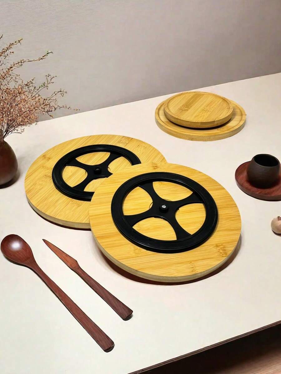 1pc 360° Rotating Wooden Tray, For Storing, Serving Food, Snacks, Beverages, Sushi, Steak, Pizza, Desserts, Cakes, Breads, Breakfast Tray, Coffee Tray, Tea Tray, Charcuterie Board - Yellow - View 1
