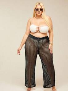 Plus Size Beach Cover-Up Women's Fishnet Knit Summer Holiday Beach Pants - 黑色 - 查看 2