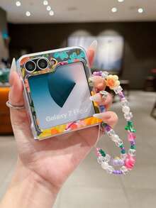 Fashionable Minimalist Matte PC Material Foldable Phone Case With Colorful Floral Elements, Matching Bracelet, Effective Protection Against Drops, Compatible With Samsung Galaxy Zflip 3/Zflip 4/Zflip 5/Zflip 6/Zflip 7, OPPO Find N3 Flip, Razr 50 Ultra/Razr 60 Ultra/Razr 60/Razr 50, MIX Flip, Galaxy Z Flip7 FE - Clear - View 4