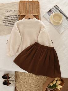 女童字母和泰迪熊羊毛卫衣和裙子套装，春秋季