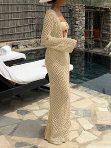 Women's Long Hollowed Double Face Can Wear Backless Thin Beach Holiday Smock Crochet Long Sleeve Knit Dress Vacation Outfits Sexy Plus Size Beachwear Bikini Two Way Wear Ups Mesh Maxi, Spring Summer Fall - Yellow - View 5