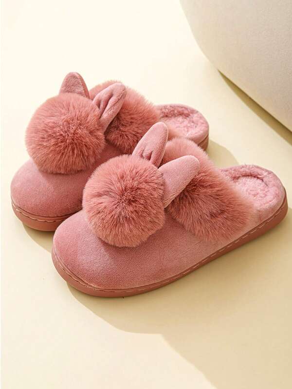 Teens Fluffy Slippers For Women, 2025 Winter New Plush Rabbit Fur Warm Indoor House Slip-On Slippers