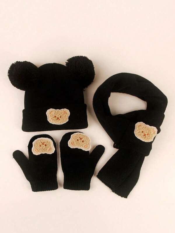 مجموعة تضم 3 قطع من قبعة وأوشحة وقفازات مصممة بنقشة الدب للأطفال الرضع والصغار ، لباس دافئ للاستخدام اليومي