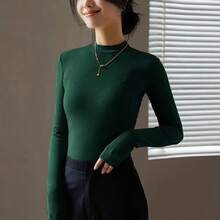 Suéter casual de manga larga con cuello alto y detalles de canalé para mujer, blusa de moda dama, sweater informal elegante - Rojo - Ver 5