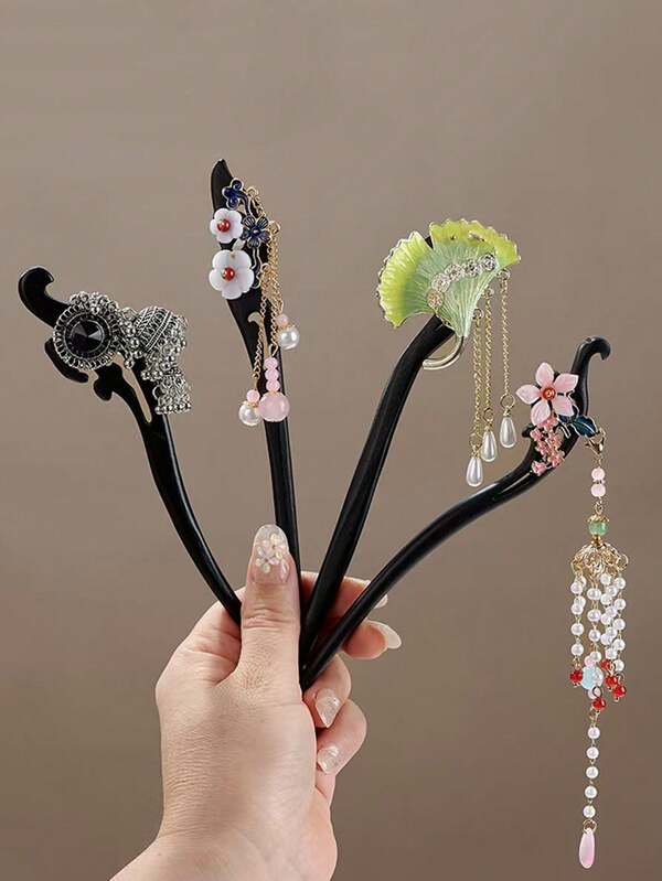 مشبك شعر بتصميم ورقة السرو القديم مع شرابات، زهرة صينية جديدة بتصميم البتلات والبراعم مع سلسلة معدنية مزينة بالخرز، إكسسوار شعر هانفو، إضافة كعكة الشعر، دبابيس للشعر