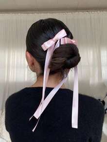 2pcs Ballet Style Long Ribbon Bow Hair Clip, Fashionable And Cute Women Hair Accessory, Suitable For Daily Wear On Any Occasion Valentine's Day Valentines Hair Accessories For Women Claw Clips Hair Claws Hair Barrettes, School Stuff, Elegant, College, Winter Outfit For Women, Bows - 粉色 - 查看 2