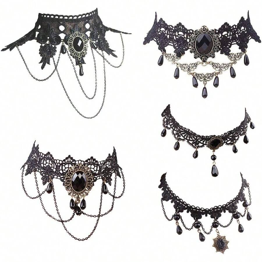 Halloween Elegant Sexy Women Lady Retro Gothic Punk Style Necklace Black Lace Neck Chain Collar Statement Choker Victorian Steampunk Jewelry Party Wedding Princess,5 Pieces/Set - 1 - 查看 1