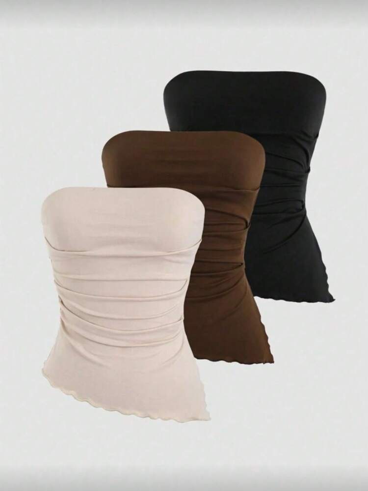 Set Of 3 Strapless Cropped Tops In Stretch Fabric With Side Draping, Strapless And Wavy Hem, Offering An Elegant And Modern Fit For Versatile Compositions - 米色,棕色和黑色 - 查看 1