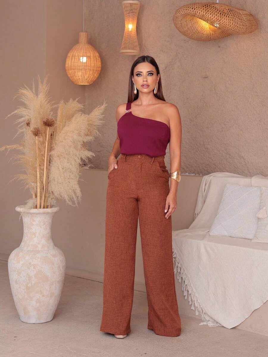 Simple Linen Button Zipper Pocket PANTS Office Summer HIGH WAIST WIDE LEG - 鏽棕色 - 查看 1