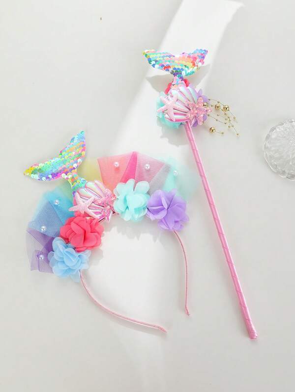 1 قطعة شريط رأس لعيد الميلاد، عصا سحرية، تاج بنات بنمط الأميرة البحرية المرصع باللؤلؤ، دبوس شعر بنات بشكل نجمة خماسية الأضلاع ملونة