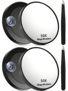 2pcs Portable Suction Cup 50x Magnifying Glass With Suction Cup And Tweezers Set, 3.5-Inch Travel Outdoor Picnic Magnifying Detail Makeup Mirror