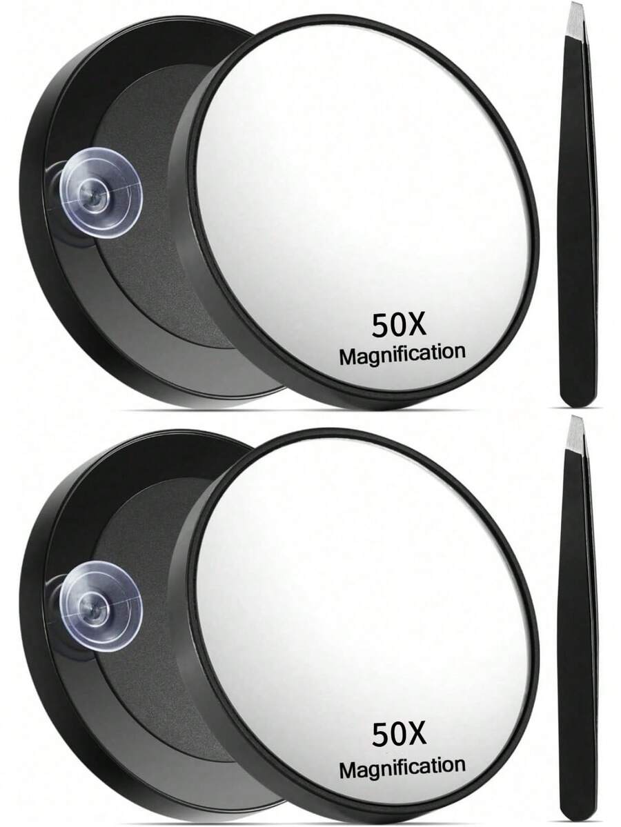 2pcs Portable Suction Cup 50x Magnifying Glass With Suction Cup And Tweezers Set, 3.5-Inch Travel Outdoor Picnic Magnifying Detail Makeup Mirror