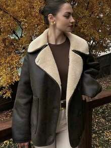 2025 Winter Warm Women's Fashion Solid Color Fur One-Piece Casual Jacket Retro Lapel Single-Breasted Elegant Women's Pocket Top Street Jacket