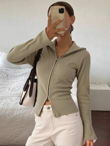 Livesso Chaqueta casual con cremallera y cuello alto de unicolor para mujer, ropa de otoño - Albaricoque - Ver 4