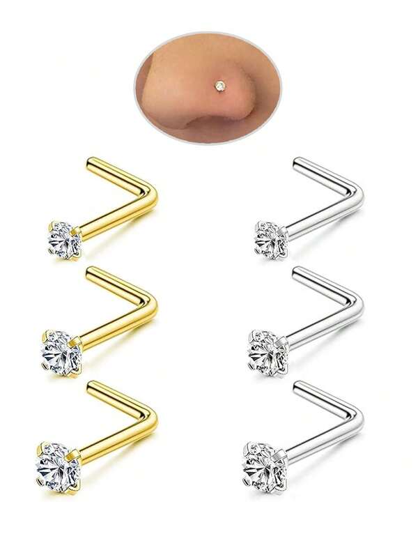 Conjunto de Anéis e Brincos de Nariz para Mulheres e Homens: 3 Peças/6 Peças 20G Hipoalergênico Ouro/Prata Aço Inoxidável Brincos de Nariz em Formato de L Joia de Piercing de Nariz Pequena com CZ para Qualquer Ocasião