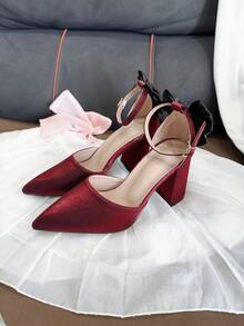 Minimalist Elegant Bowknot Decor High Heel Pumps, Cute & Versatile For Teens, Suitable For Birthday Party, Stage Show, Music Performance - Màu Đỏ Sâu - Xem 7