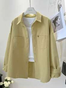 Áo sơ mi nữ màu trơn, cài cúc phía trước, có túi, kiểu dáng thường ngày, thích hợp cho mùa xuân. - Màu vàng - Xem 4