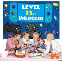 Pancarta de "Nivel 12 desbloqueado, Feliz 12 cumpleaños, Nivel superior" con decoración de tema de videojuegos y mando para fiesta de 12 cumpleaños de niños y niñas, accesorios para photocall y decoraciones - MULTI - Ver 4