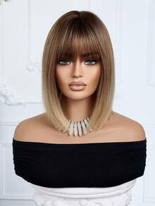 Bộ tóc giả ngắn thẳng 12 inch này được thiết kế đặc biệt dành cho phụ nữ. Tóc giả tổng hợp chịu nhiệt màu ombre vàng với mái bằng là món quà hoàn hảo dành cho các cô gái sử dụng hàng ngày. - Tóc vàng ombre - Xem 6