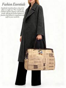 Ladies' Vintage Newspaper Print Canvas Handbag - High-Quality Check Pattern, Fixed Shoulder Strap, Zipper Closure And Polyester Lining, Large-Capacity Coffee Brown Travel Shopping Daily Fashion Accessory This  Is Suitable For Young Girls For Their Birthday, Prom And Graduation And Also A Lovely Gift For Friends, Mother, Lover On Special Days Such As Valentine's Day, Christmas, Anniversaries.Can Be Used As Thanksgiving, Halloween,Christmas Gift. - 彩色 - 查看 6