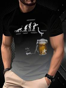 Men Black Background Ombre Color Block Beer Cup & Day Of Week Print Casual Fashionable Versatile Short Sleeve T-Shirt, Emo - Black - View 1