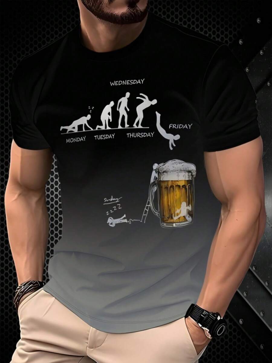 Men Black Background Ombre Color Block Beer Cup & Day Of Week Print Casual Fashionable Versatile Short Sleeve T-Shirt, Emo - Black - View 1