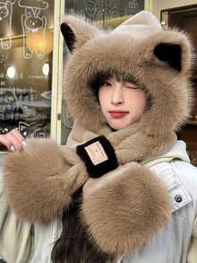 1pc This Plush And Cute Fox-Eared Hat And Scarf In One Piece Is A Women's Autumn And Winter Neck For Cycling Warmth. It's A Hooded Scarf Suitable For Outdoor Exploration, Cycling And Skiing. It's A Christmas Gift