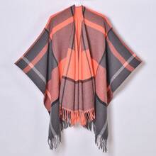 New Tassel Split Shawl Autumn Winter Women's Simple Plaid Jacquard Scarf Cape - 古典條紋格子黑紅 - 查看 11