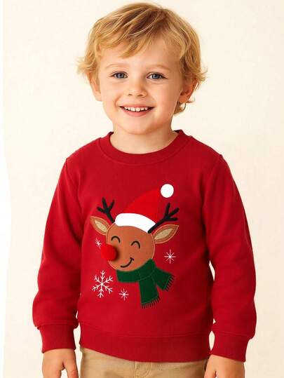 Sudadera de manga larga para niños, de algodón cómodo con patrón de renos bordado, cuello redondo, casual y para exteriores