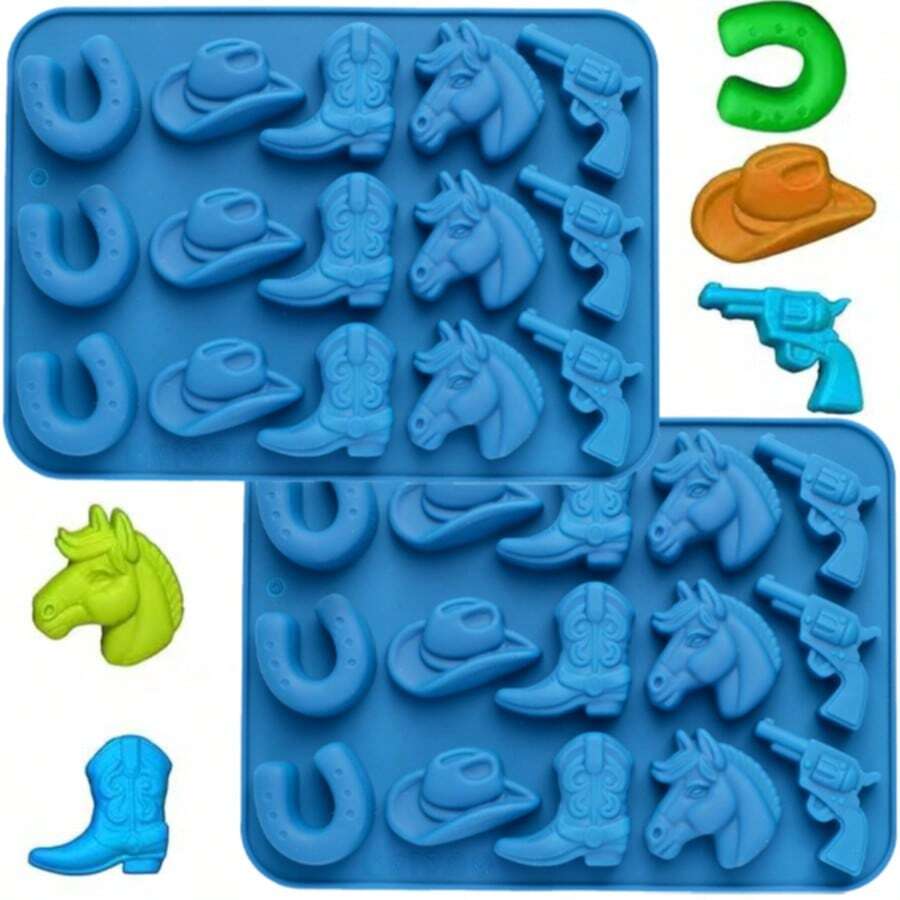 牛仔巧克力模具，牛仔帽靴马鞍形状硅胶糖果模具西部主题派对烘焙模具果冻冰块蜡烛模具用于纸杯蛋糕蛋糕装饰 - 彩色 - 查看 1