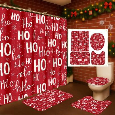1 pezzo/4 pezzi Set di decorazioni per il bagno con stampa di fiocchi di neve e testo natalizio, include 12 ganci gratuiti, elegante atmosfera natalizia, decorazione invernale, tappetino da bagno, tappetino a forma di U, tappetino rotondo per il water, adatto per tutte le decorazioni natalizie per il bagno