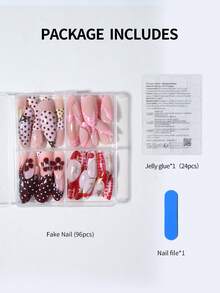 96pcs/Box (4mixed) Almond Flower Polka Dot Cherry French Design Tips Press On Nails Perfect Fit Acrylic False Nails Set,Include: 1pc Jelly Glue And 1pc Nail File,Nails In Autumn And Winter, Suitable For Women And Girls Daily Life And Party Use