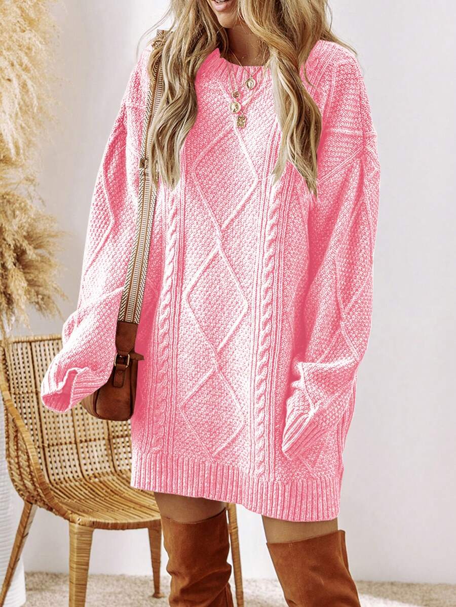 Acelitt Autumn/Winter Women's Solid Color Knitted Textured Pattern Dropped Shoulder Oversized Sweater Dress, Order One Size Down