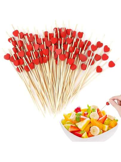 200/100/80/50/30/20pcs Red Heart Shaped Bamboo Skewers, Suitable For Fruit, Desserts, Appetizers, Fruit Kabobs, Cupcakes, Sandwiches, Ideal For Valentine's Day, Birthday, Wedding, Party And More