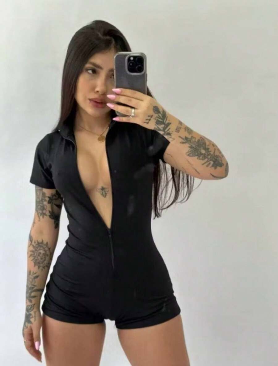 Women's Long Gym Jumpsuit, Long Sleeve, Short Black Suplex Shorts With Zipper, Description - 黑色 - 查看 1