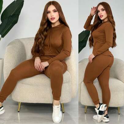 Hermoso Conjunto 2 pz ❤BLUSA CON GORRO Y PANTALON AJUSTADO❤  Liso    Casual   conjunto  Diario