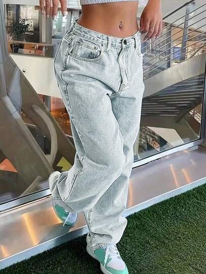 Women Casual Light Wash Denim Straight Leg Jeans With Button And Zipper Details, Long Fit, Non-Stretch Fabric, Ideal For Everyday Wear, All-Match Styling