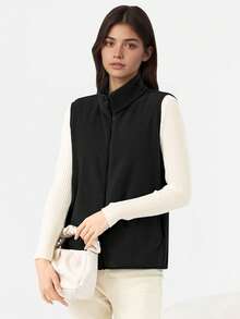 cimmuovere Women's Casual Warm Sherpa Solid Color Sleeveless Zip-Up Vest, Scrubs Nurse Scrubs Workwear Dentist Healthcare Pet Hospital Laboratory Jacket - Black - View 4