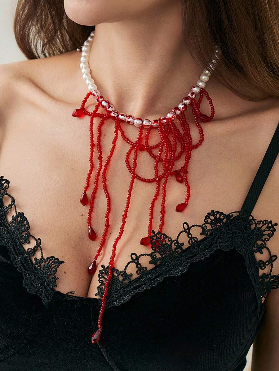 Halloween Rice Bead Beaded Collarbone Chain Accessory, Sweet And Cool Gothic Blood-Dripping Imitation Crystal Tassel Necklace - Multicolor - View 1