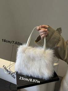 Yogodlns Ușoară, portabilă, pufoasă, moale, casual din pluș, geantă portabilă din pluș Y2K la modă, geantă de umăr originală unică la modă, geantă de mână simplă și versatilă pentru femei, fete, femei, studente.