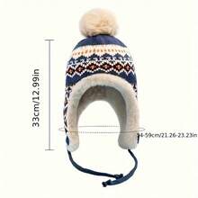 波西米亚针织绒球冬帽、毛绒内衬护耳帽、波西米亚北欧图案保暖羊毛雪帽、女士舒适圣诞帽、适合户外、旅行、滑雪和节日礼物的柔软保暖毛线帽
