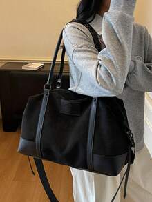 1pc Black Suede Tote Bag, Fashion Large Capacity Handbag, Casual Versatile Shoulder Bag, Crossbody Bag, Travel Gym Fitness Bag, Vintage College Style Backpack, Outdoor Camping Storage Bag Travel Bag Luggage Bag For Travel For Business For Vacation Holiday Portable Multifunction Travel Duffel Bag Unisex Weekender Bags - Black - View 3