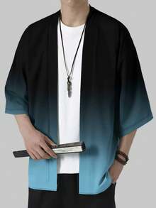 Men's Blue Ombre Printed Sunscreen Casual Open Cardigan, Made Of Polyester, Summer Style