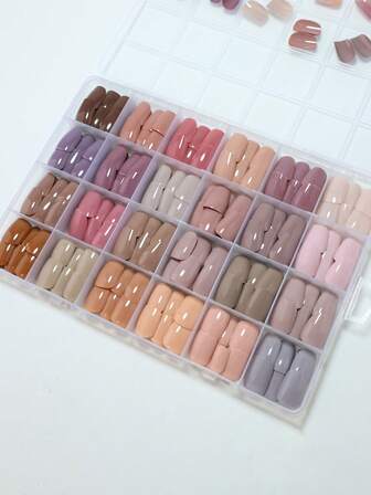 720 Pcs/Set Short Almond Shape French Nail Art Tips With Gradient Nude & Milky White ColorsPress On Nails, Fake Nails With 1pc Nail Buffing Block And 1pc Jelly Gel Short Nails