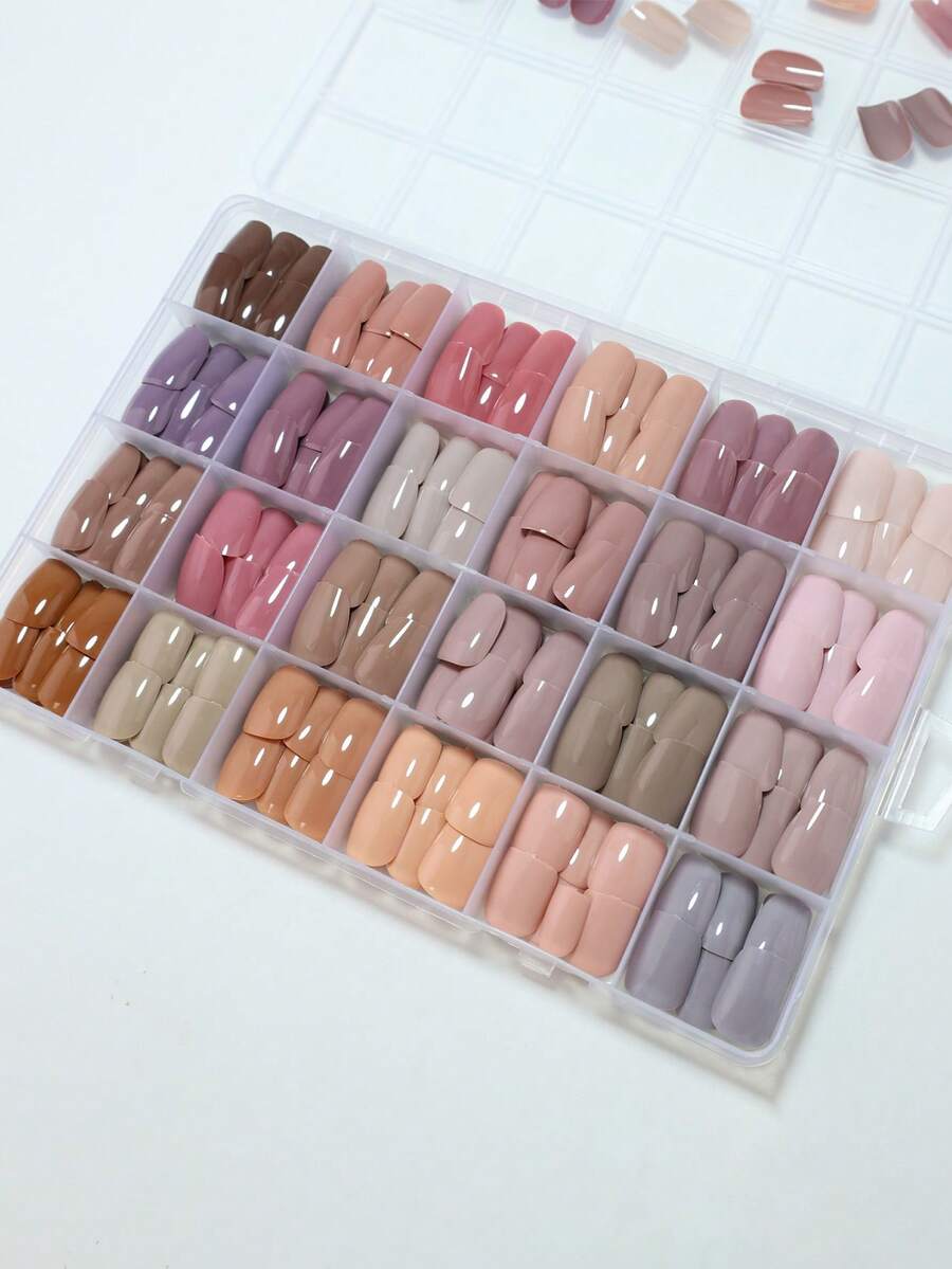 720片/套 短款杏仁形法式美甲贴片，渐变裸色和乳白色，按压式假指甲，附赠1个指甲打磨块和1瓶果冻凝胶，美甲用品 - 彩色 - 查看 1