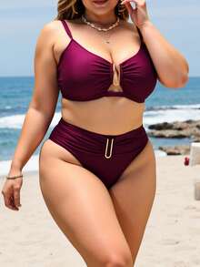 Swim Lushoire Plus Size Women's Solid Color Ruched Cutout Sexy Bikini Set, 2025 New Year Party Summer - Burgundy - View 3