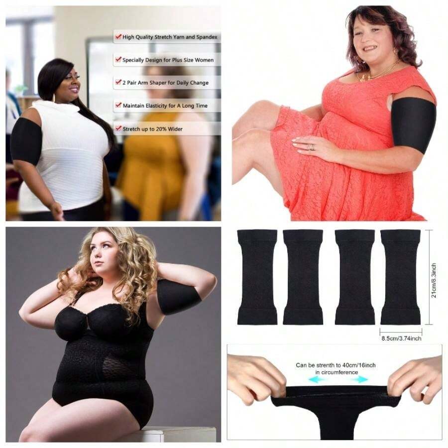 2 Pairs Arm Shapers Plus Size Women, Upper Arm Sleeves Wraps Slim Arm Compression Sleeve Arms - 黑色 + 大號(2 件裝) - 查看 1